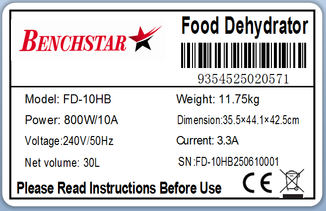Benchstar Food Dehydrator with 10 trays – FD-10HB