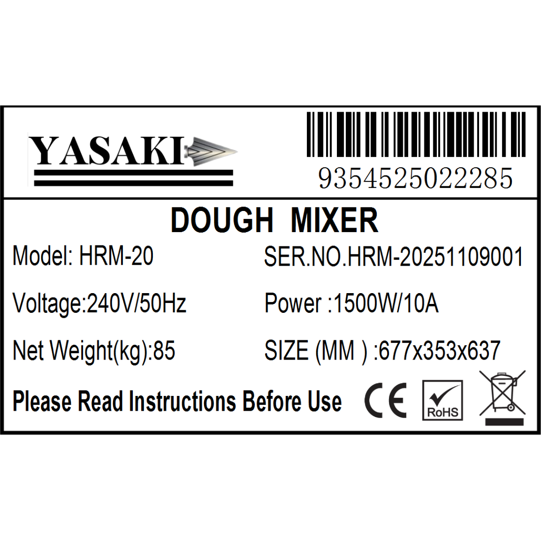 Yasaki Tilting Head Dough Mixer - HRM-20